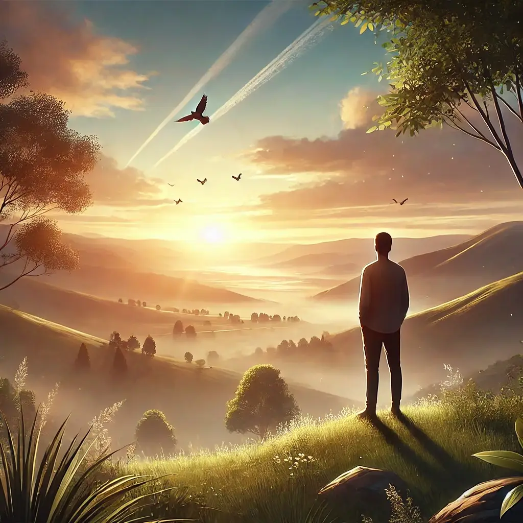 DALL·E 2024 11 15 10.15.46 A serene uplifting image representing personal growth and forgiveness. It shows a person standing at a scenic overlook during sunrise symbolizing ne